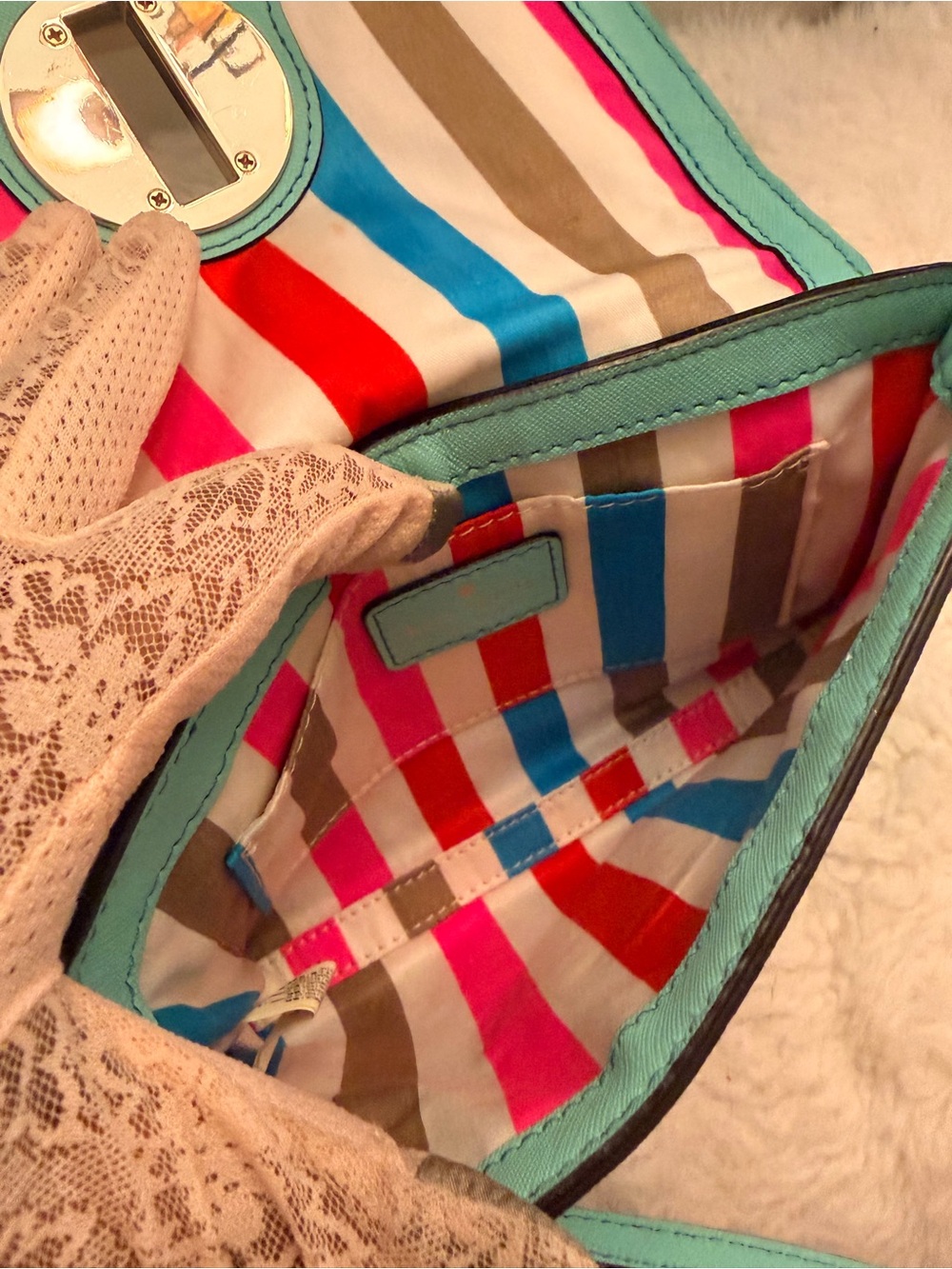 Kate Spade Mint Green Leather Crossbody Bag w/Multicolored Striped Interior GUC - Picture 8 of 16
